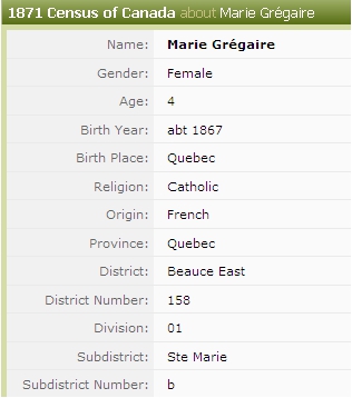 Image of ancestry.com 1871 Census of Canada entry for Marie Gregoire
